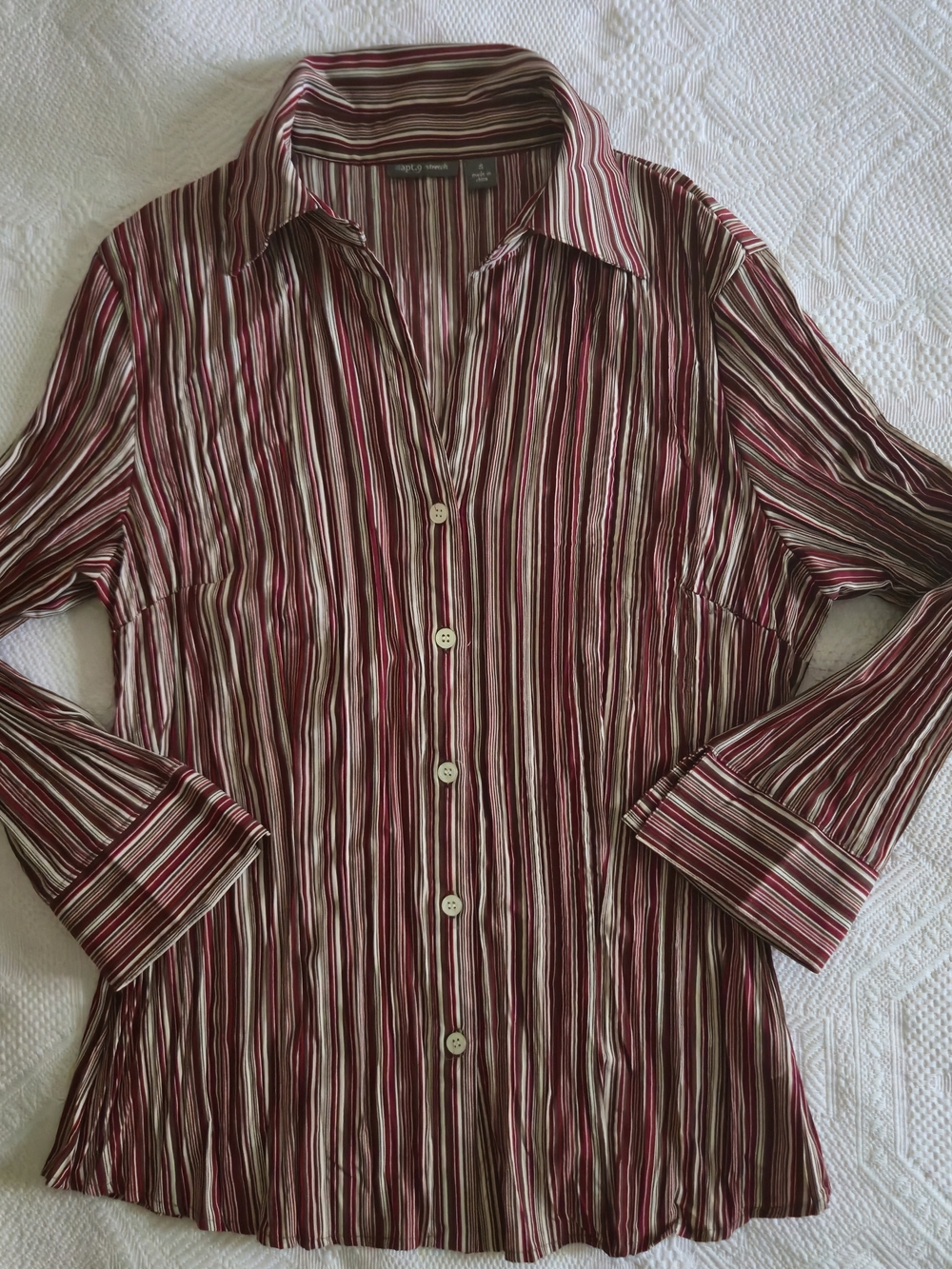 Apt. 9 Striped Crinkled Vintage Y2K Button-down Top Burgundy Cream Brown Size S